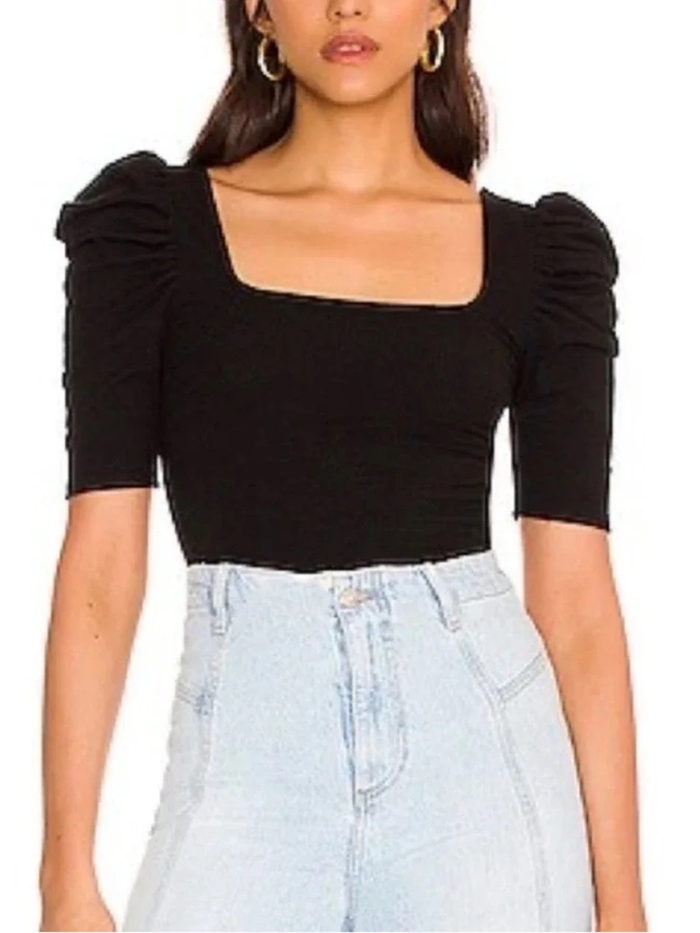 We The Free Black Square Neck Puff Sleeve Ribbed Top XS Free People